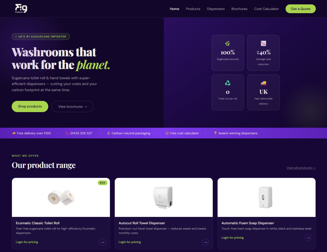 Concept homepage for Fig Products: a deep purple design with the headline 'Washrooms that work for the planet', key stats and a product range of sugarcane toilet rolls and dispensers